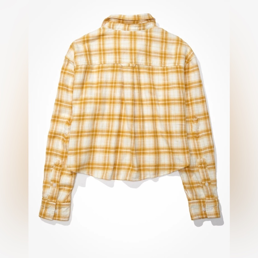 American Eagle Cropped Flannel Plaid Button Down Long Sleeve Cotton Yellow Cream - Picture 10 of 10